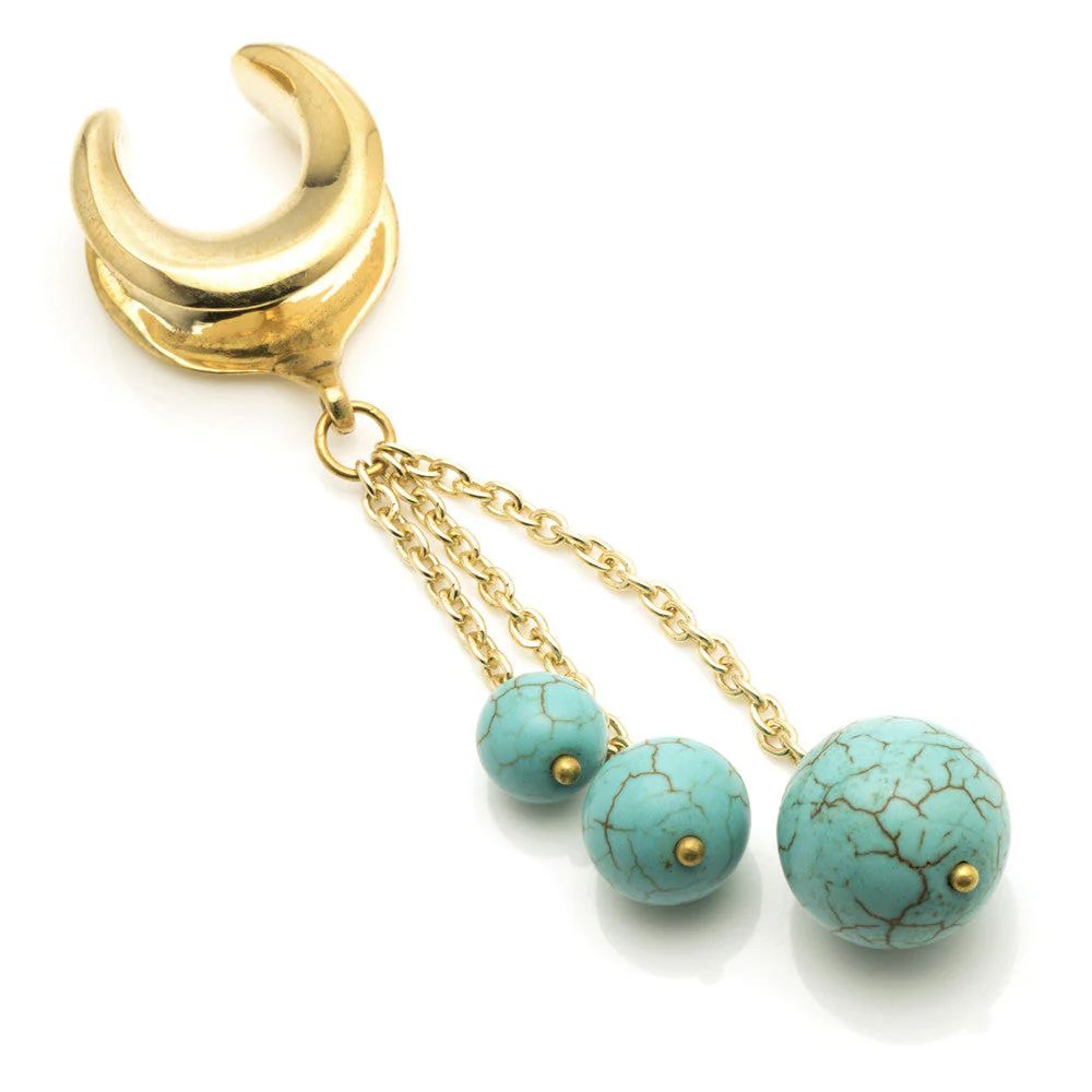 1x Turquoise 3 Bead Drop on Brass Half Flared Tunnel