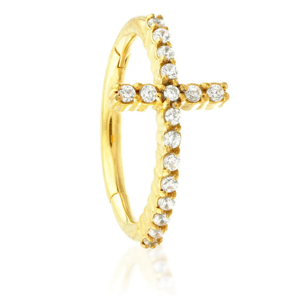24K Gold Steel Hinged Cross Crystal Conch Ring