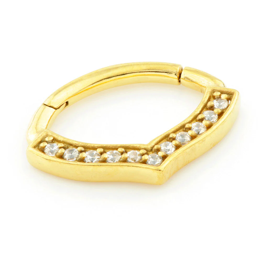 24K Yellow Gold Steel Hinge Gem Bow Shape Daith Ring