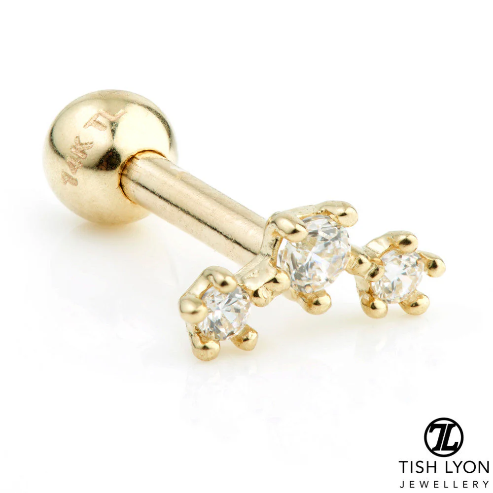 3 Gem Star Crescent 14 Carat Solid Gold Cartilage Barbell Earring