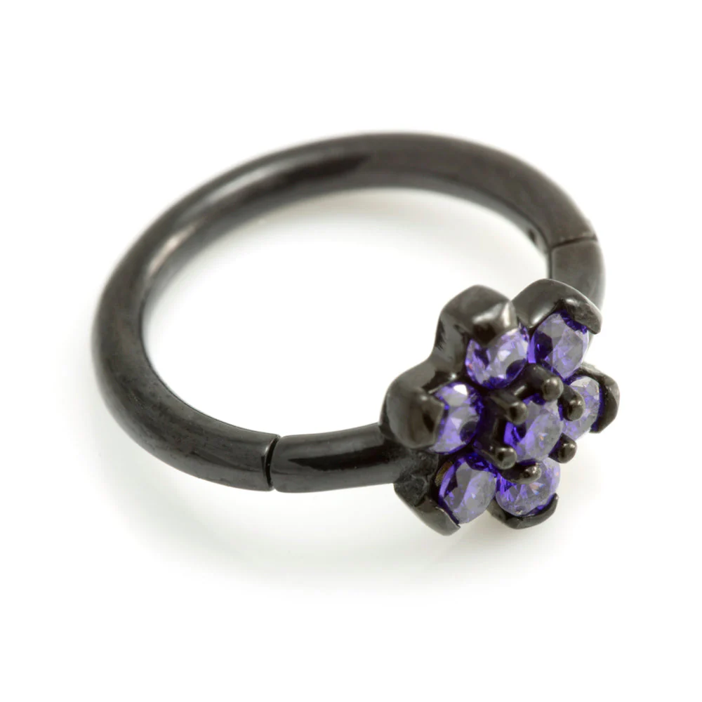 Black Steel Flower Gem Hinged Ring - Image 2