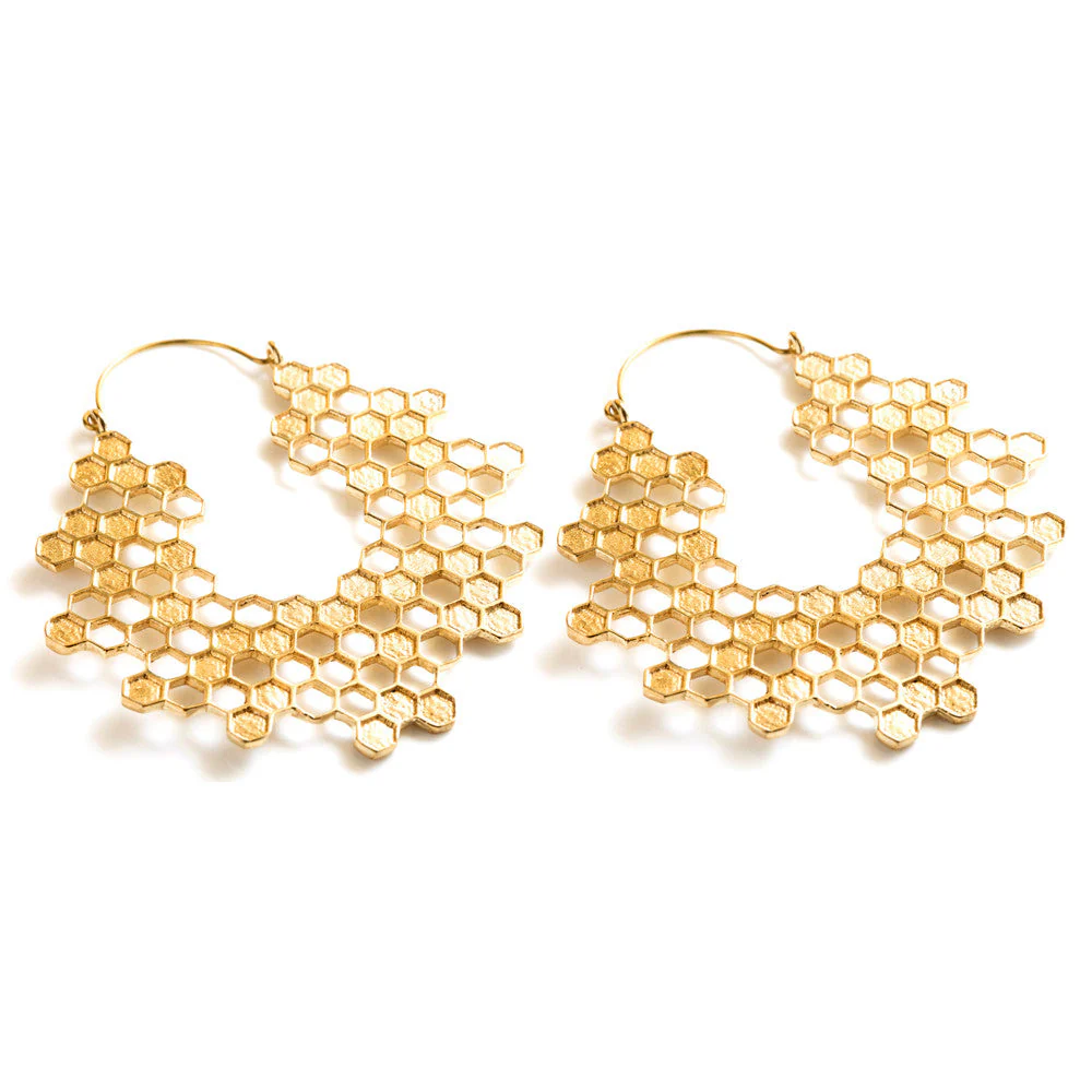 Brass Hex Honeycomb Hoop Earrings (Pair)