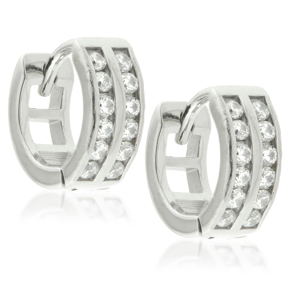 Double Pave Gem Tiny Steel Huggie Hoop Earrings (Pair)