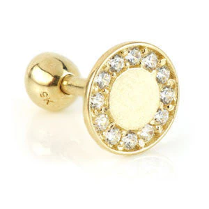 Flat Round Disk with Gem 9 Carat Solid Gold Cartilage Barbell Earring