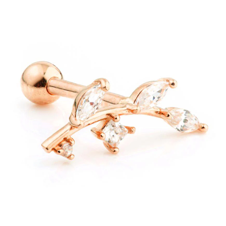 Gem Leaf 14 Carat Solid Gold Barbell Earring - Image 3