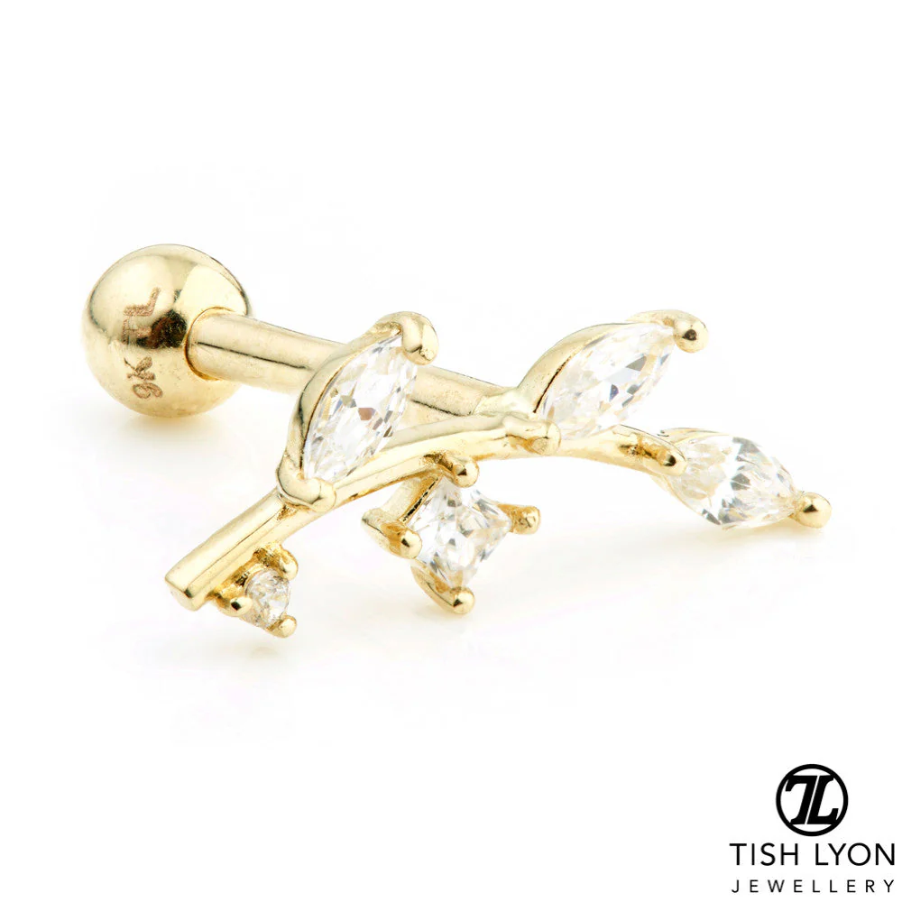 Gem Leaf 9 Carat Solid Gold Barbell Earring - Image 3