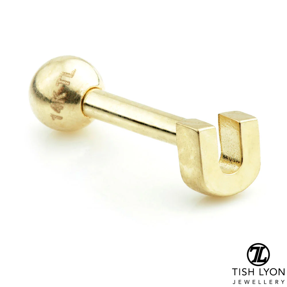 Micro Letter 14 Carat Solid Gold Barbell Earring - Image 13