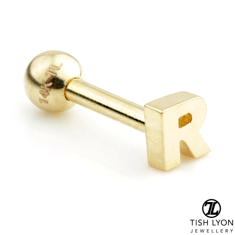 Micro Letter 14 Carat Solid Gold Barbell Earring - Image 19