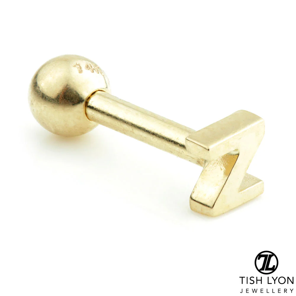 Micro Letter 14 Carat Solid Gold Barbell Earring - Image 3