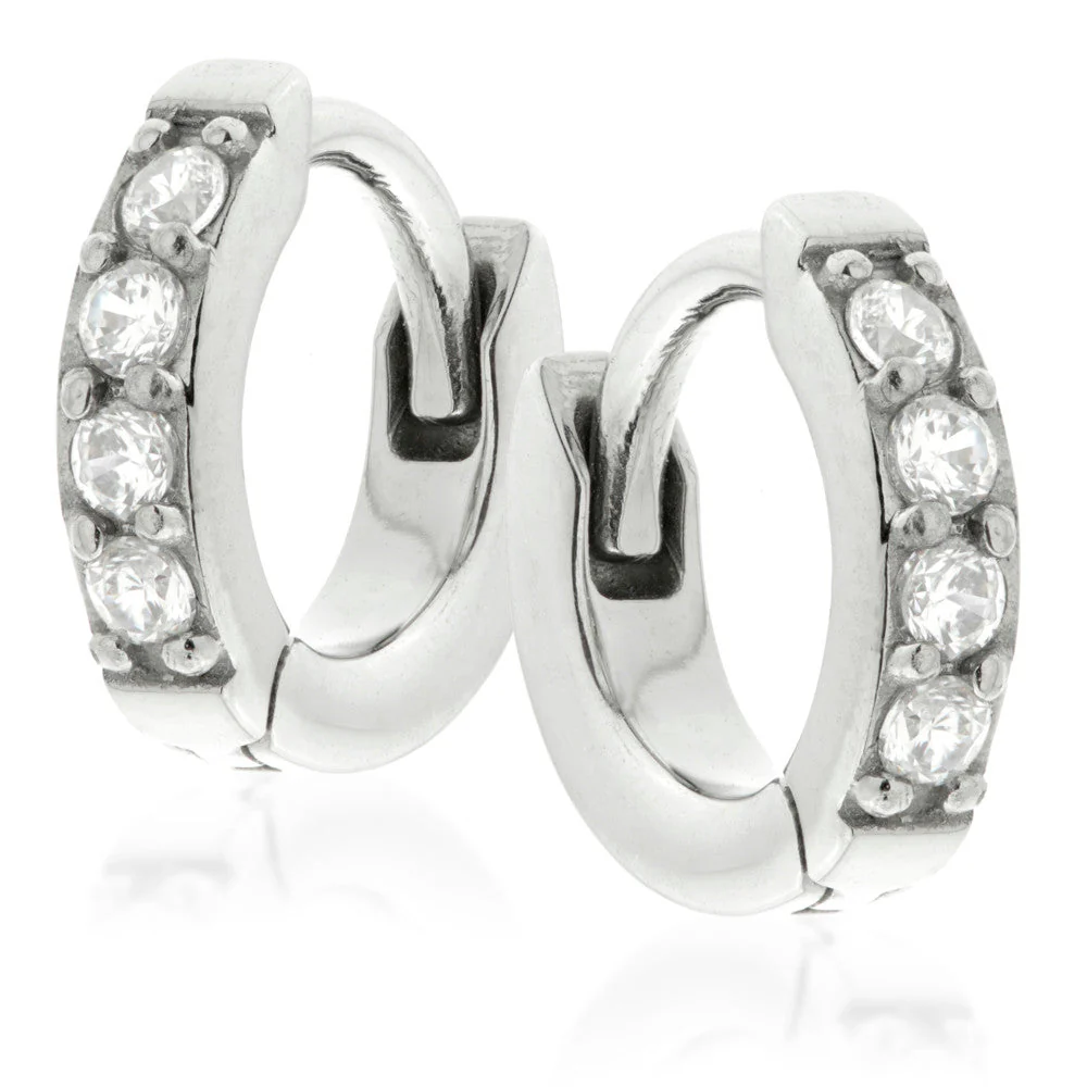 Pave Gem Tiny Steel Huggie Hoop Earrings (Pair)