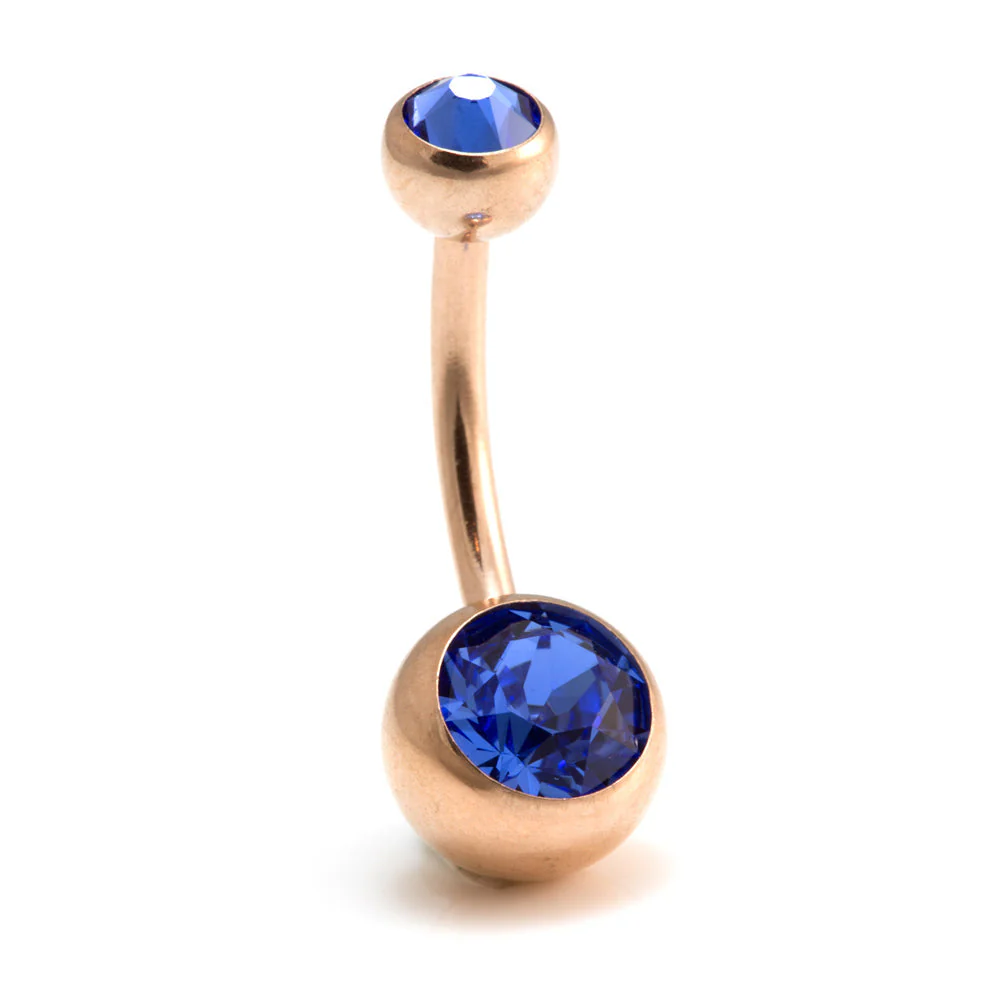 Rose Gold Steel Double Jewelled Navel Bar - Image 2