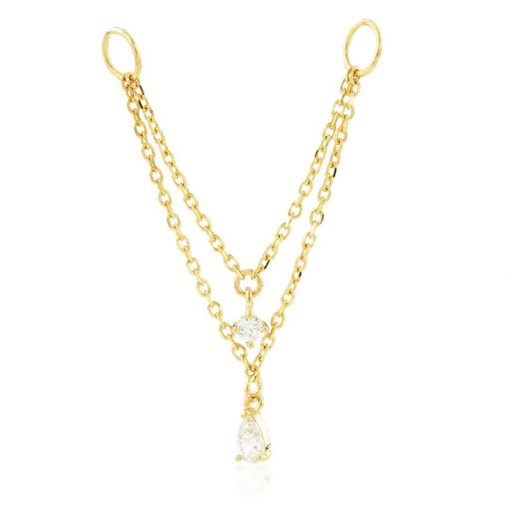 Solid Gold Hanging Double Chain Charm with Hanging Gems