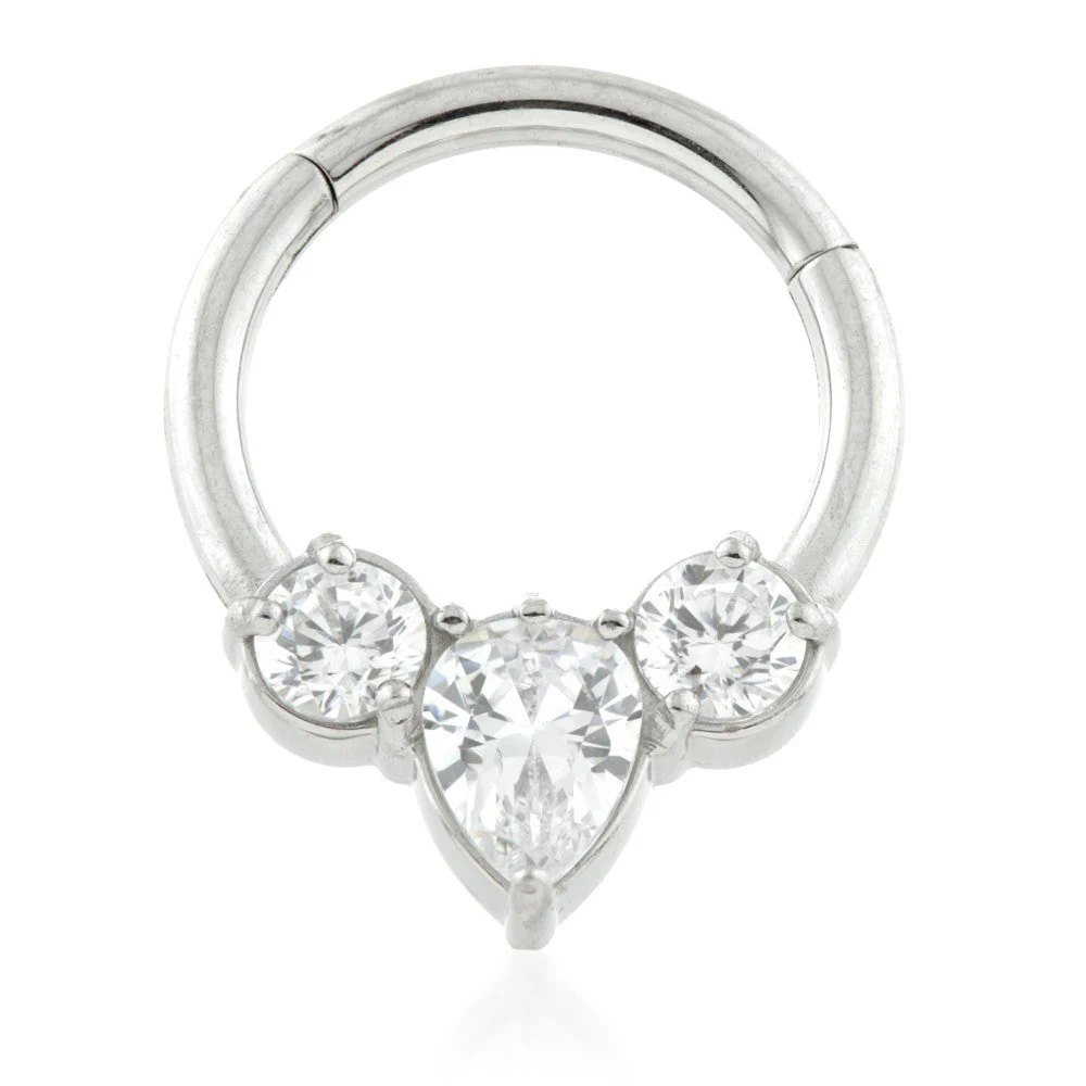 Steel 3 Gem Tear Hinged Micro Ring