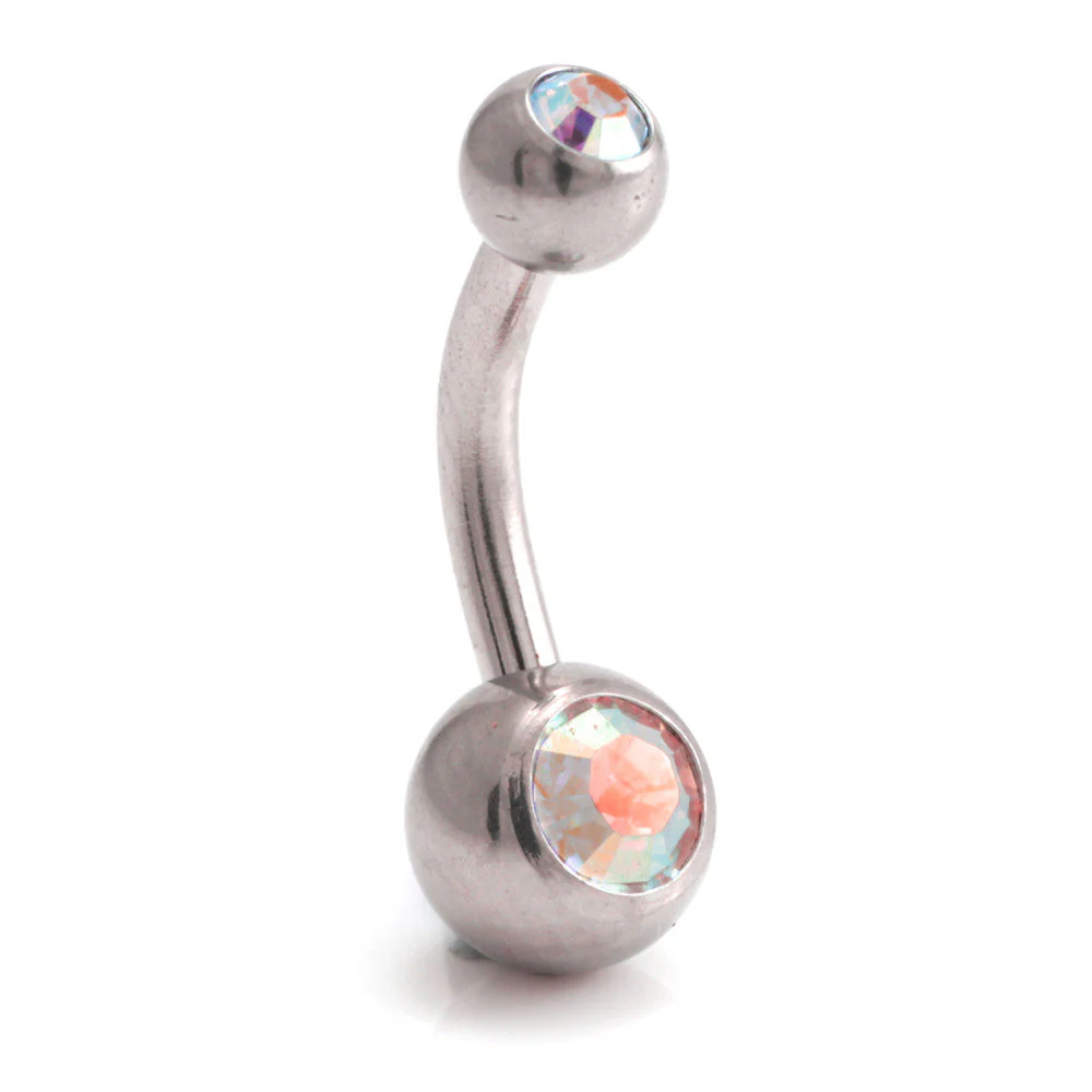 Steel External Thread Baby Double Jewelled Navel Bar -1.6-8-AB Rose