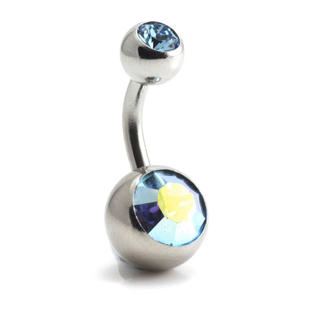 Steel External Thread Double Jewelled Navel Bar -1.6-10-AB Aqua