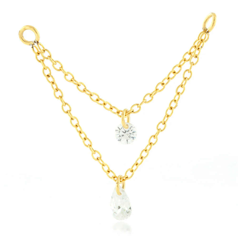 Steel Gold PVD Double Hanging Chain with Gems Charm