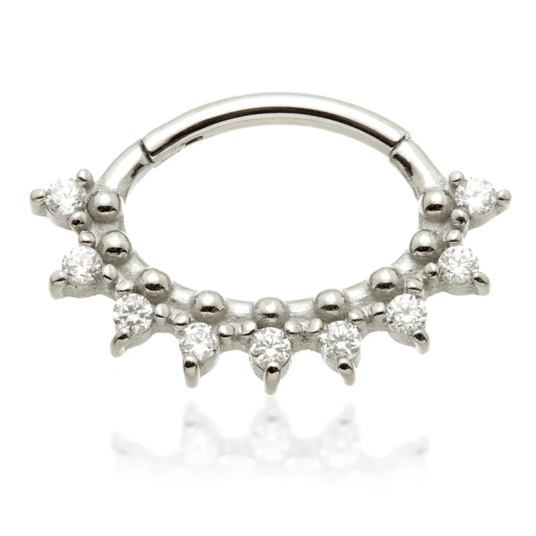 Steel Oval Shaped Front Facing Jewelled Prong and Beads Hinged Ring