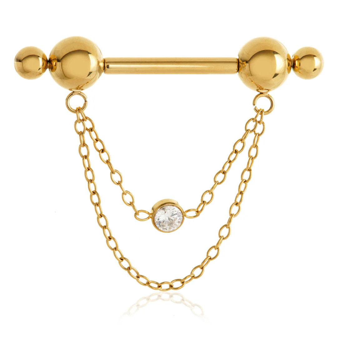Threadless Zircon Gold Ti Double Ball Jewelled Chain Nipple Bar