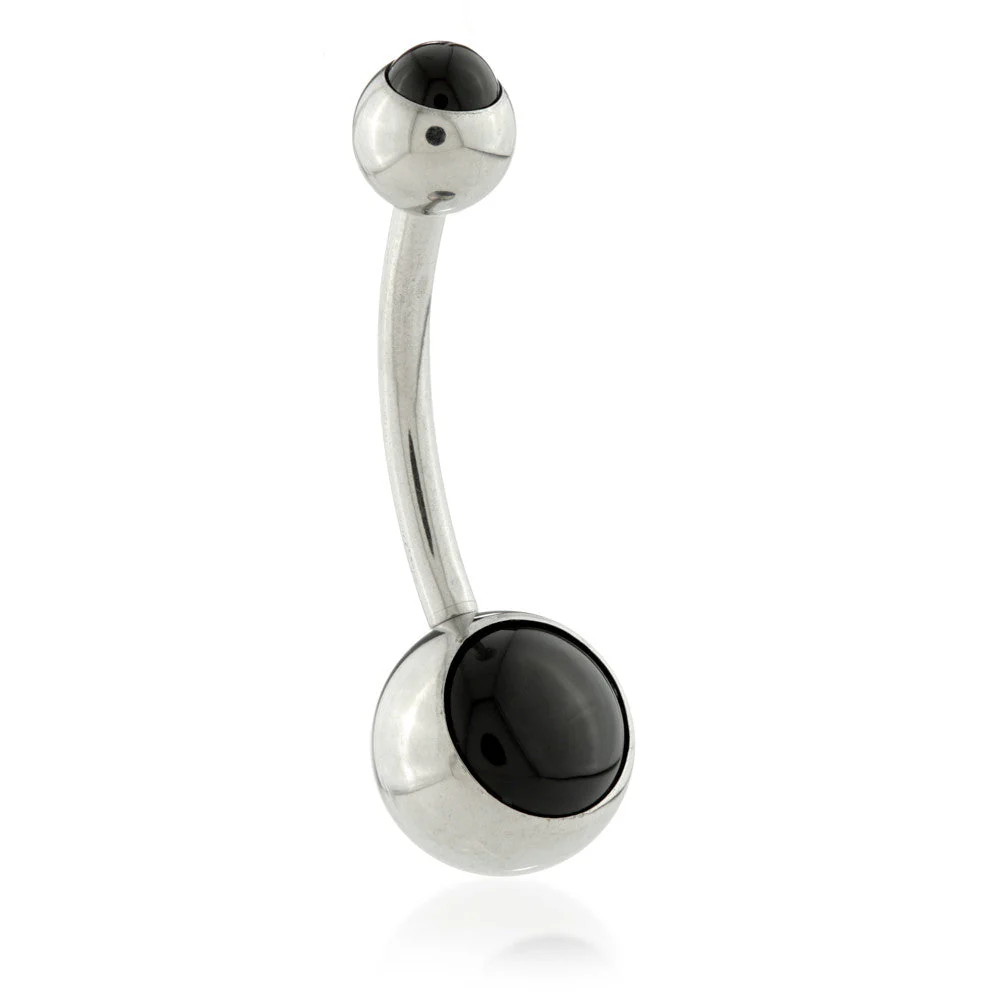 Ti External Navel Bar with Double Black Agate Stone