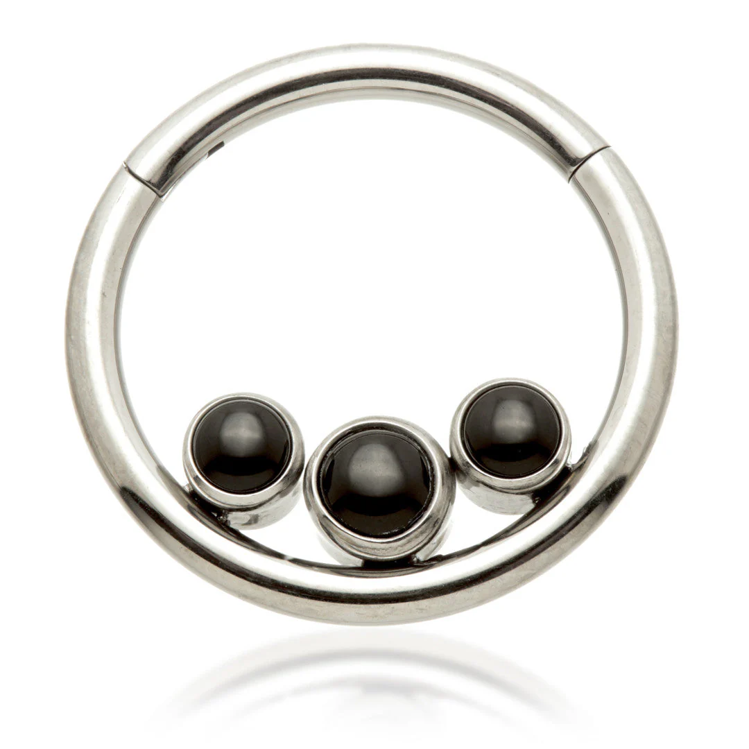 Ti Front Facing Triple Inside Bezel with Black Agate Stone Hinged Ring