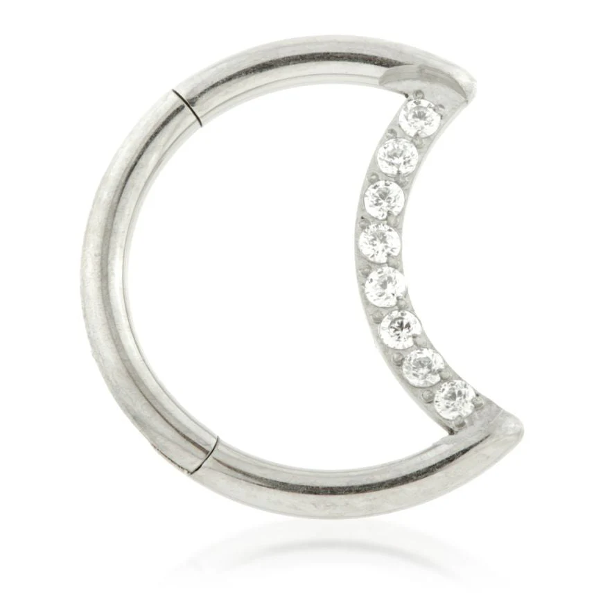 Ti Moon Shaped Titanium Hinge Ring with Pave Gems
