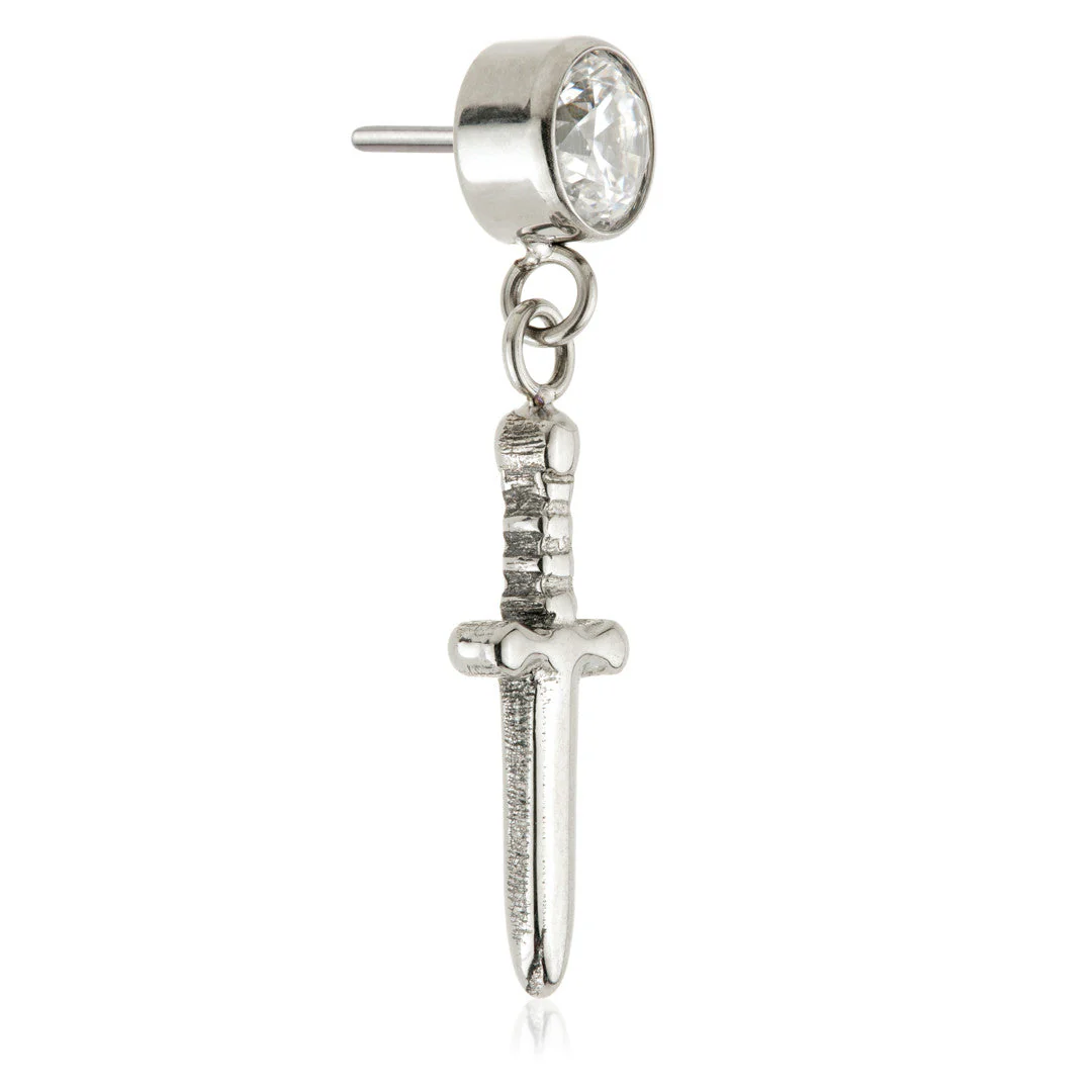 Ti Threadless Gem with Hanging Sword Charm