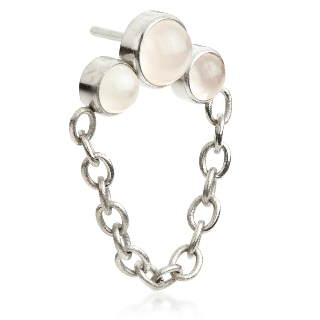 Ti Threadless Triple Rose Quartz Stone Bezel with Hanging Chain Attachment