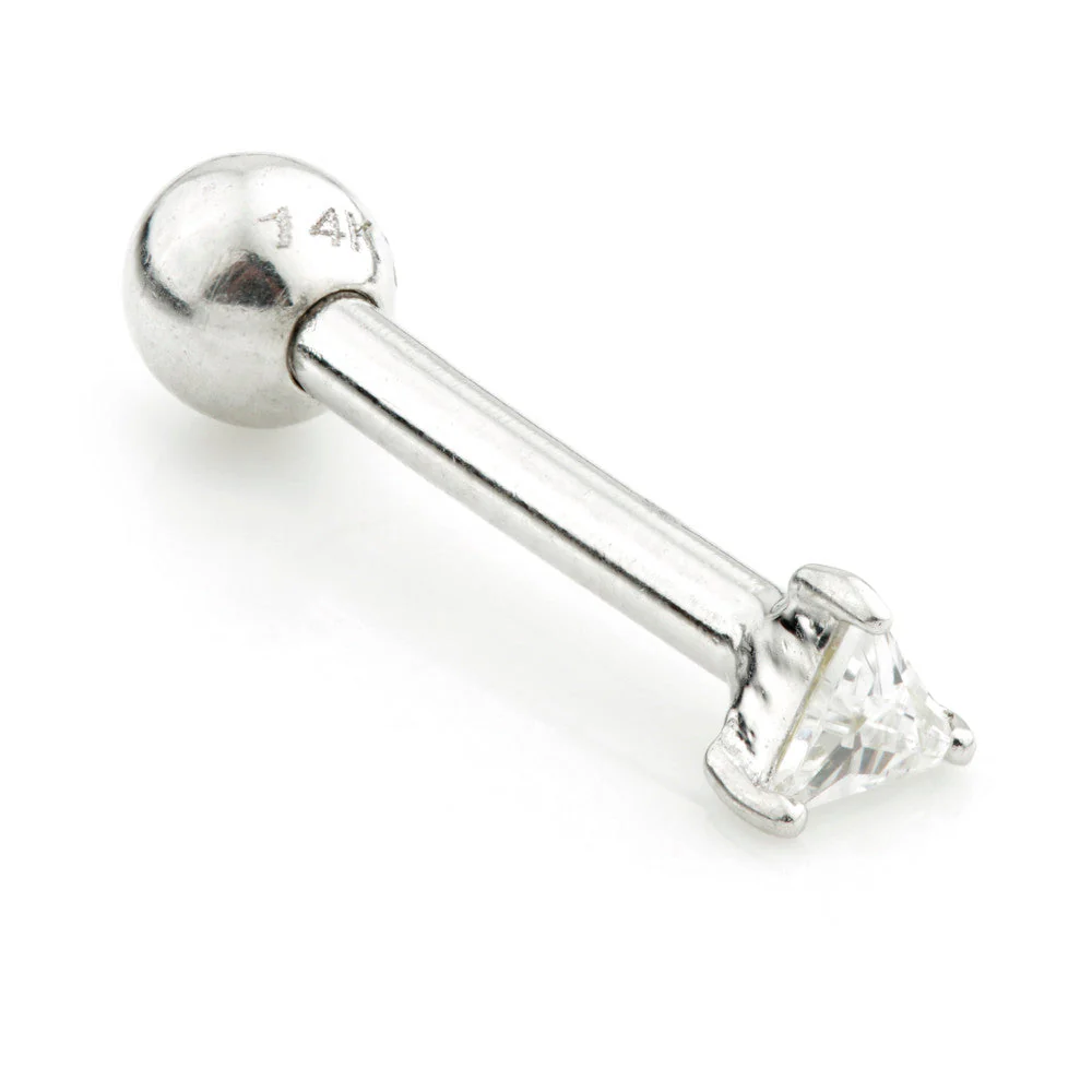 Tiny Triangle Gem Solid Gold Barbell Earring - Image 2