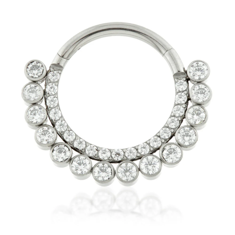 Titanium Front Facing Pave Gems with Gem Balls Hinged Daith Ring