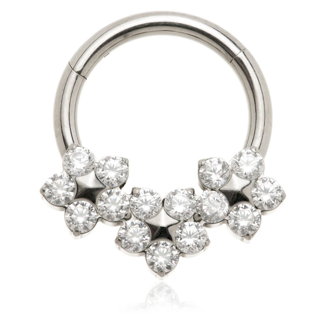 Titanium Front Facing Triple Jewelled Flower Hinged Ring