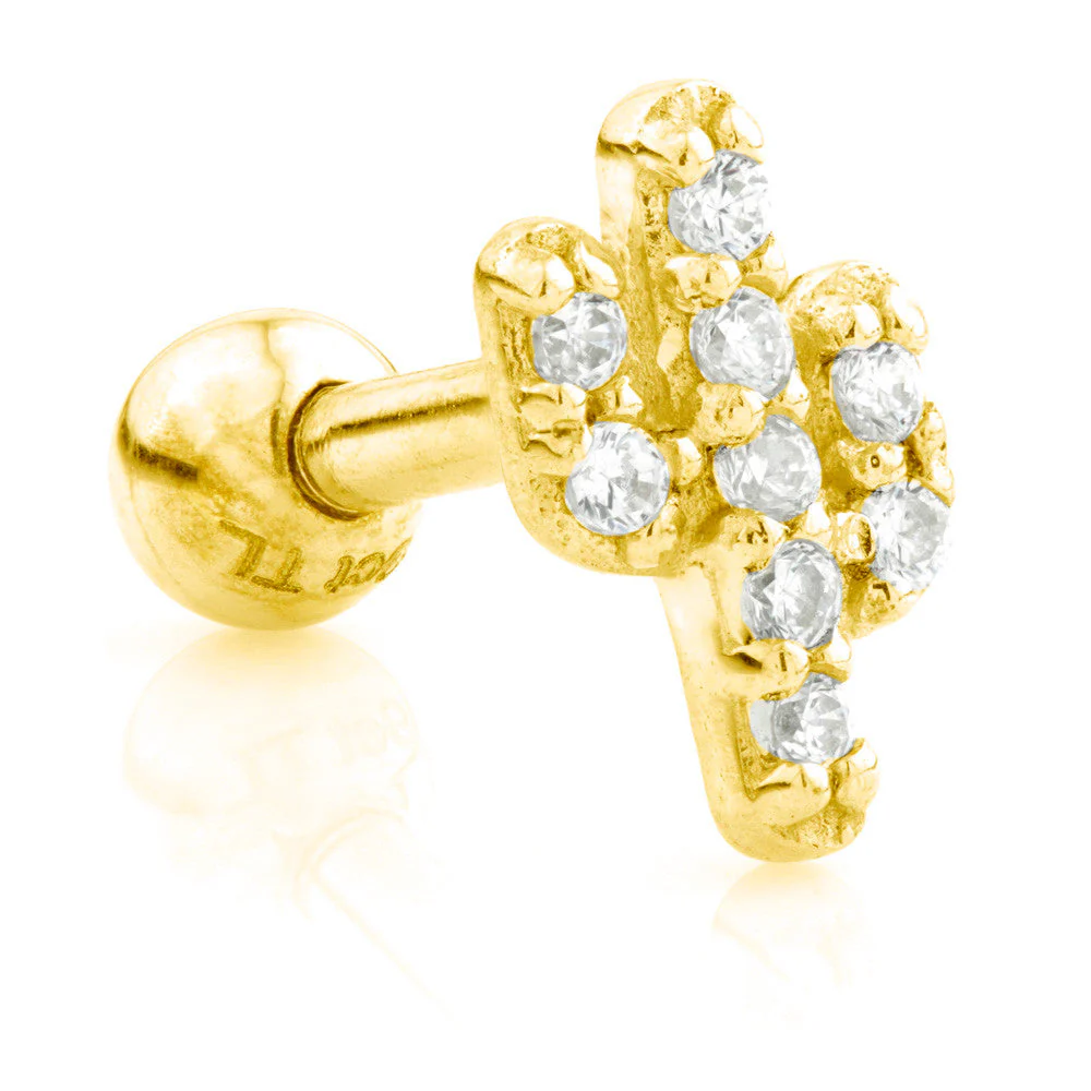 TL - 14 Carat Gold CZ Cactus Gem Cartilage Bar - 1.2mm
