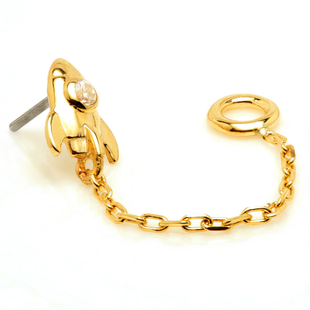 TL - 14ct Threadless Gold Jewelled Spaceship Pin Attachment With Hanging Chain