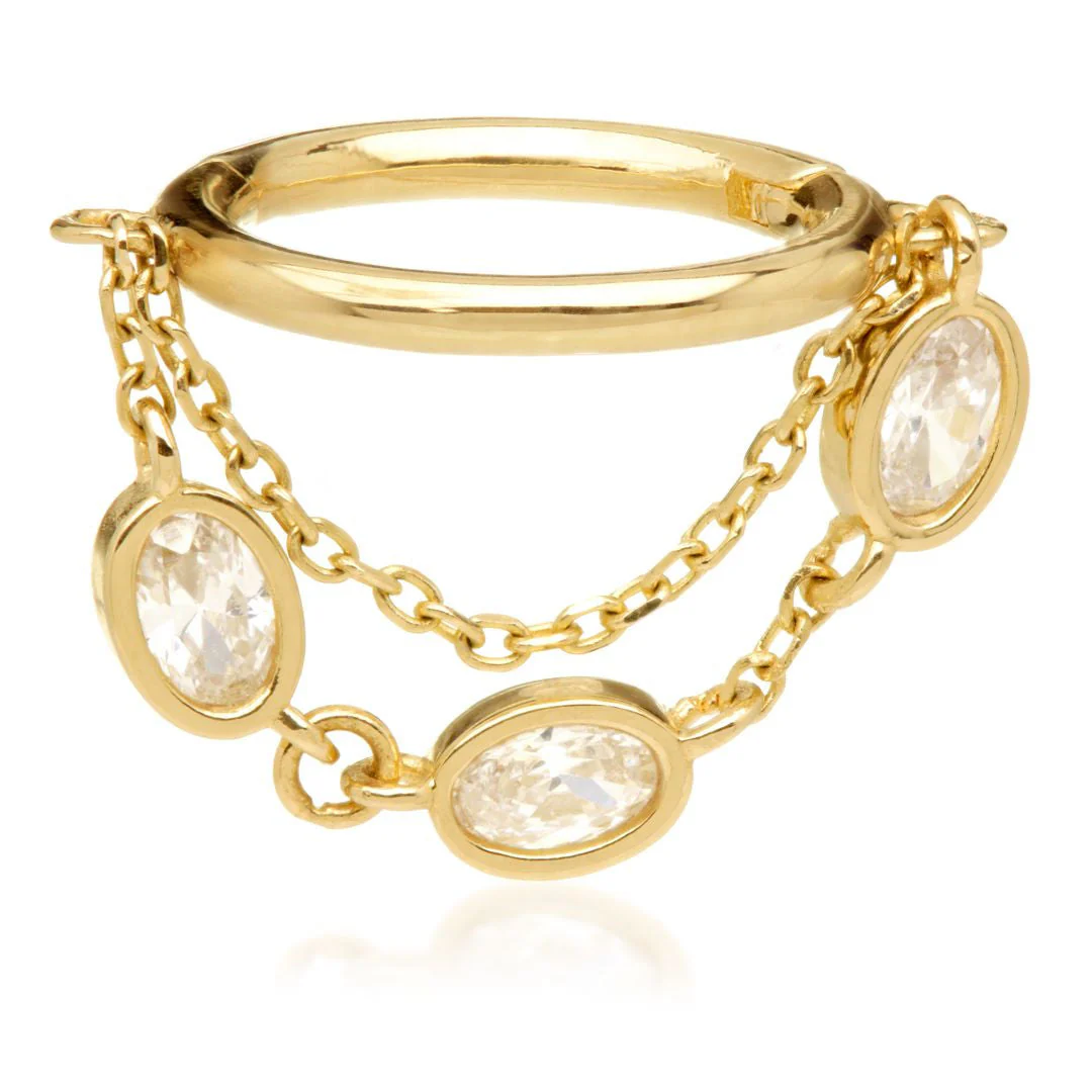 TL - Gold Hinged Ring with Triple Oval Gems Hanging Chain - Image 2