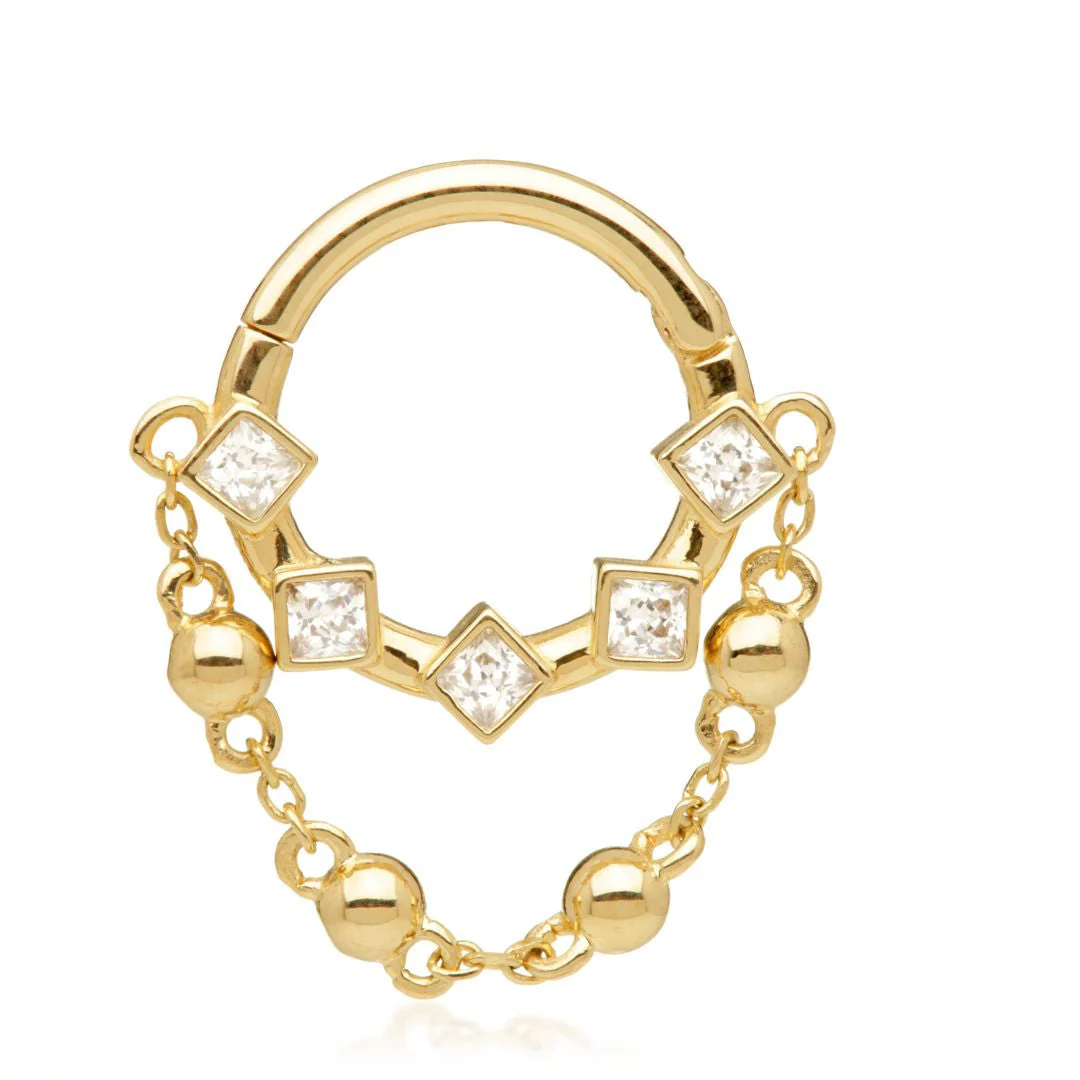 TL - Gold Jewelled Square Hinged Ring with Hanging Ball Set Chain - Image 2