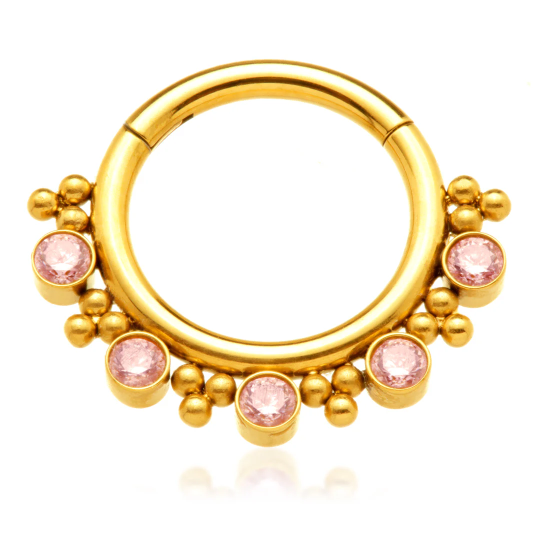 Zircon Gold Ti Jewelled Tribal Bead Cluster Hinged Ring - Light Rose