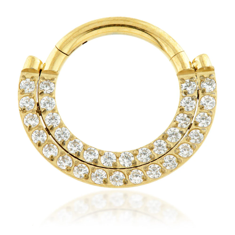 Zircon Gold Titanium Front Facing Double Pave Gem Hinged Ring