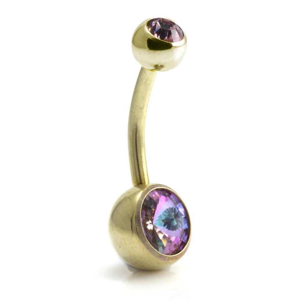 Zircon PVD Gold Ti Double Jewelled Navel Bar - Image 3